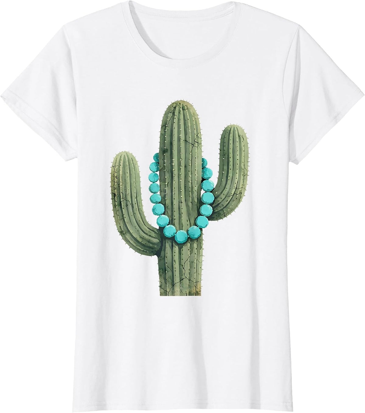 Cactus Turquoise Beaded Necklace Western Design T-Shirt - White