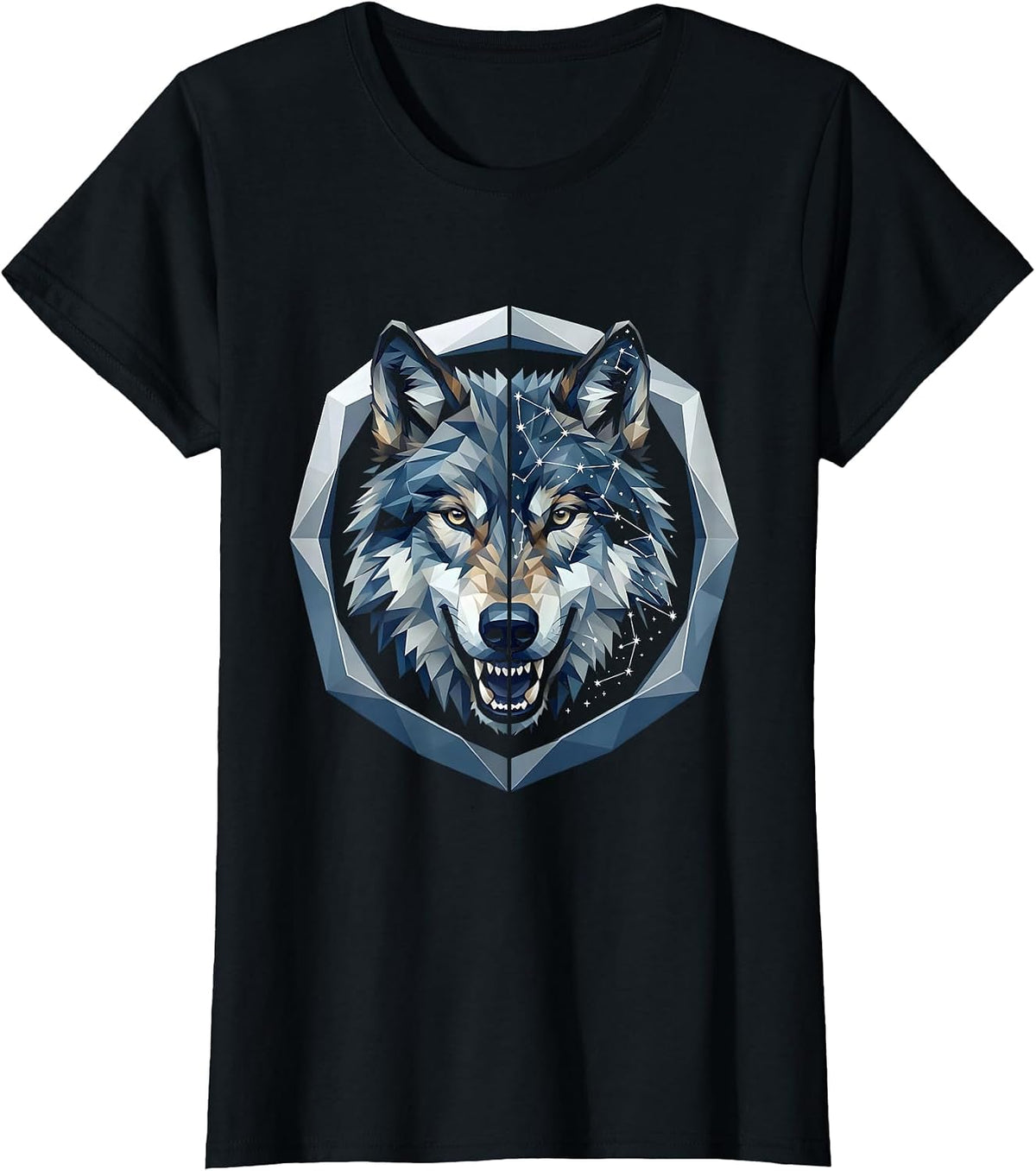 Women's Alpha Wolf Constellation Star Map Split Face Design T-Shirt - Black