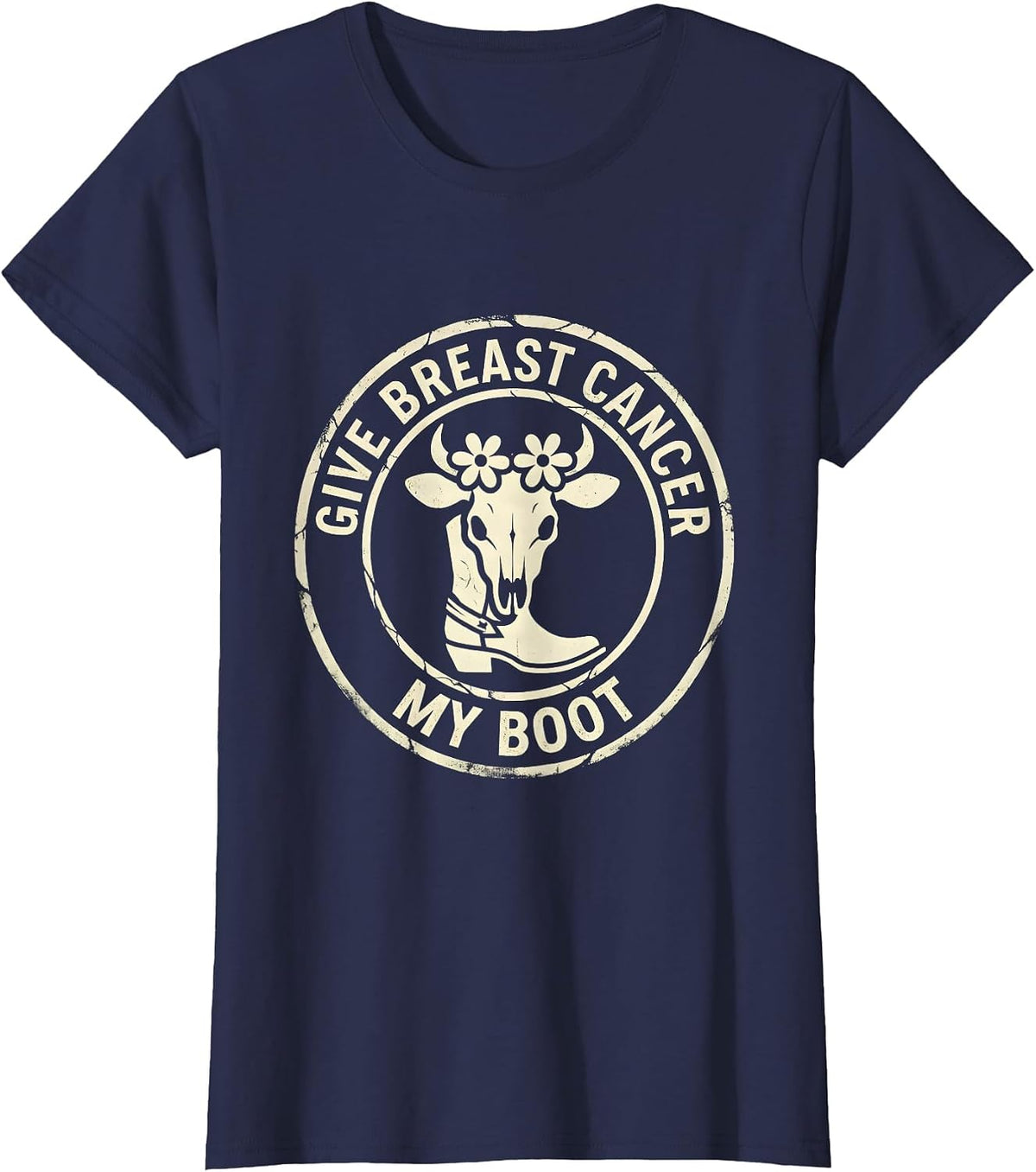 Women's Give Breast Cancer My Boot Boho Western Cowgirl Awareness T-Shirt - Navy Blue