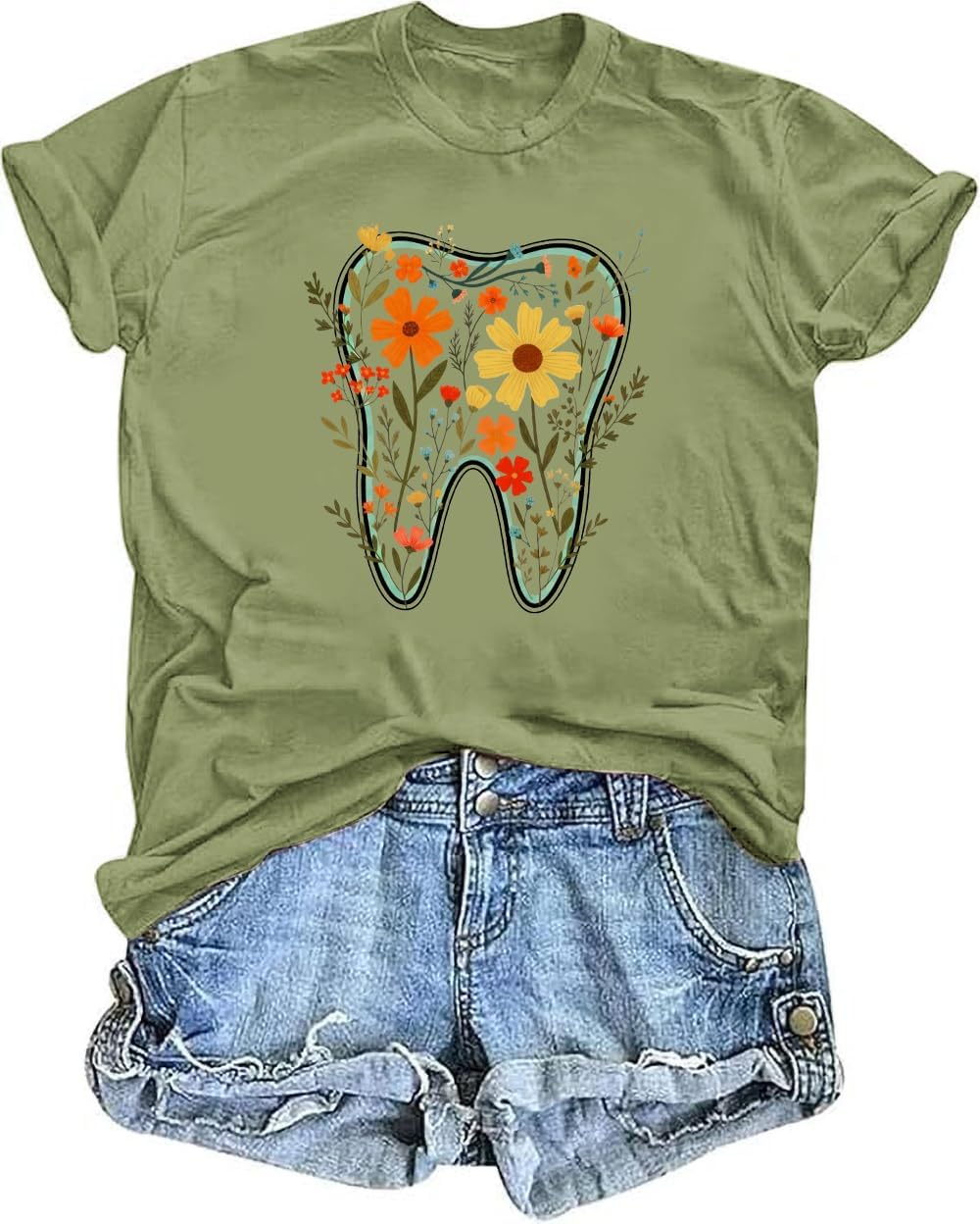 Floral Tooth Shirt V Neck Dental Assistant Shirt Dental Shirts for Women Funny Floral Graphic Tees Tops - Crewneck Green