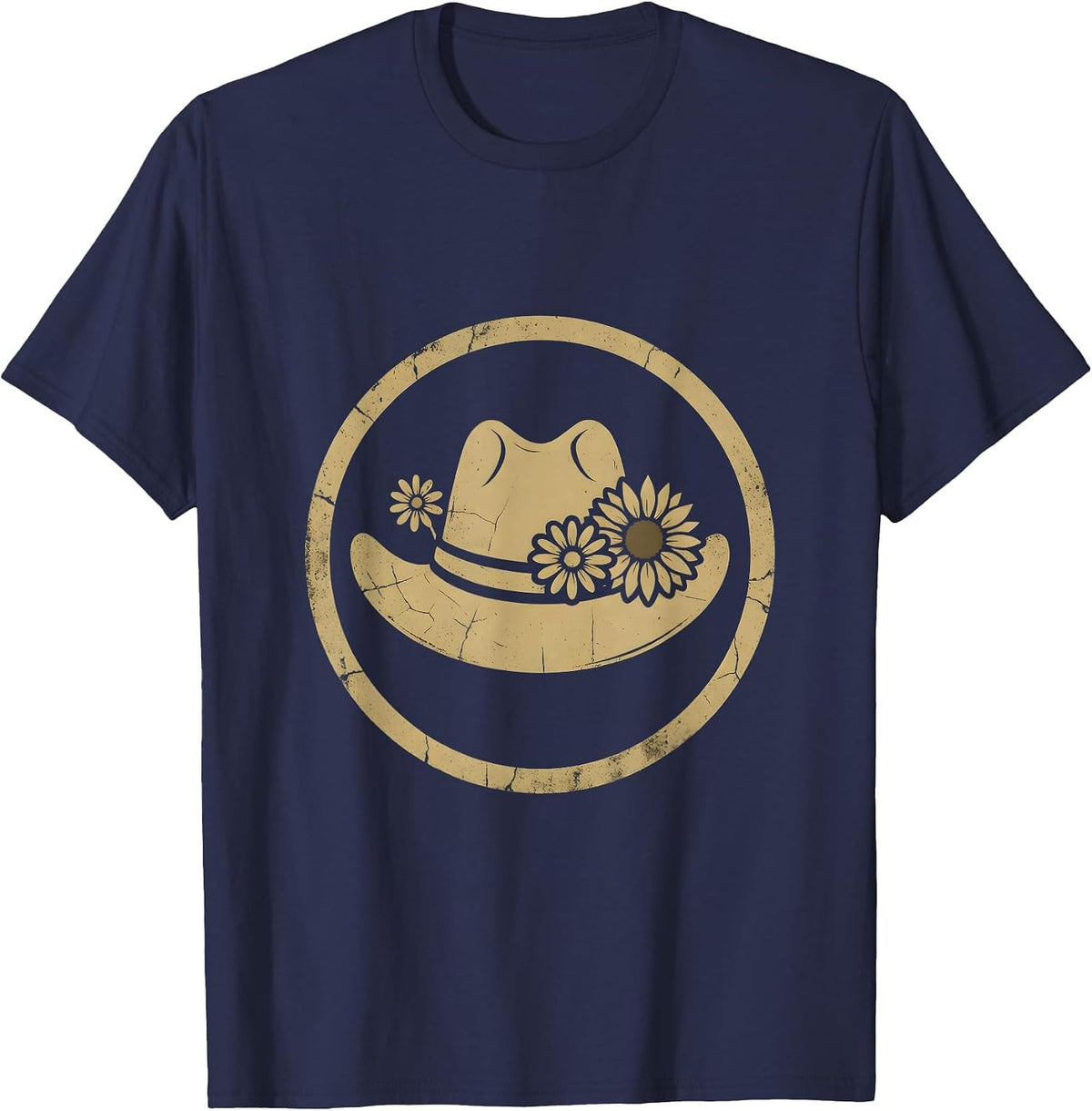 Cowgirl Hat Wildflowers Boho Western Floral Design T-Shirt - Navy Blue
