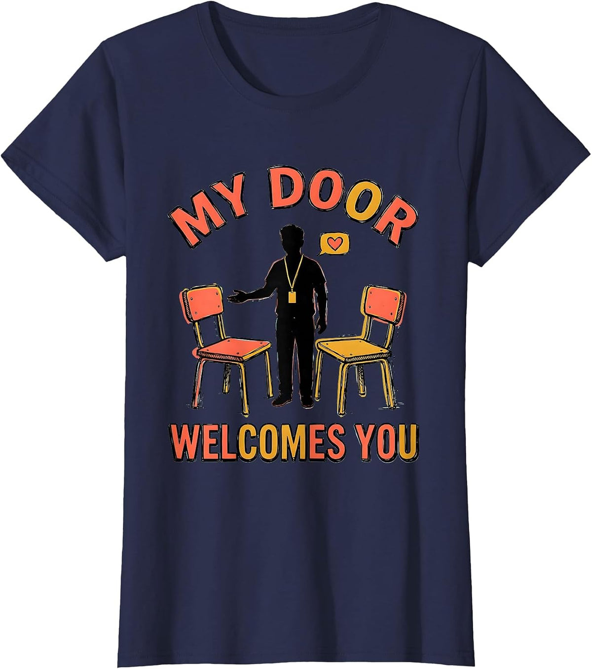 Women's My Door Welcomes You Groovy Retro School Counselor T-Shirt - Navy Blue