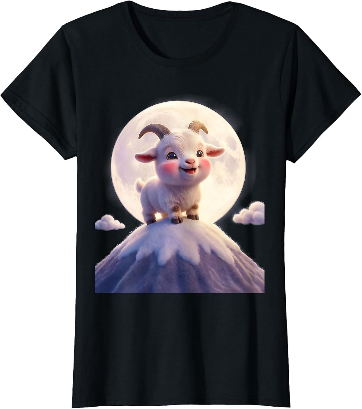 Goat Silhouette Full Moon Mountain Peaks T-Shirt - Black