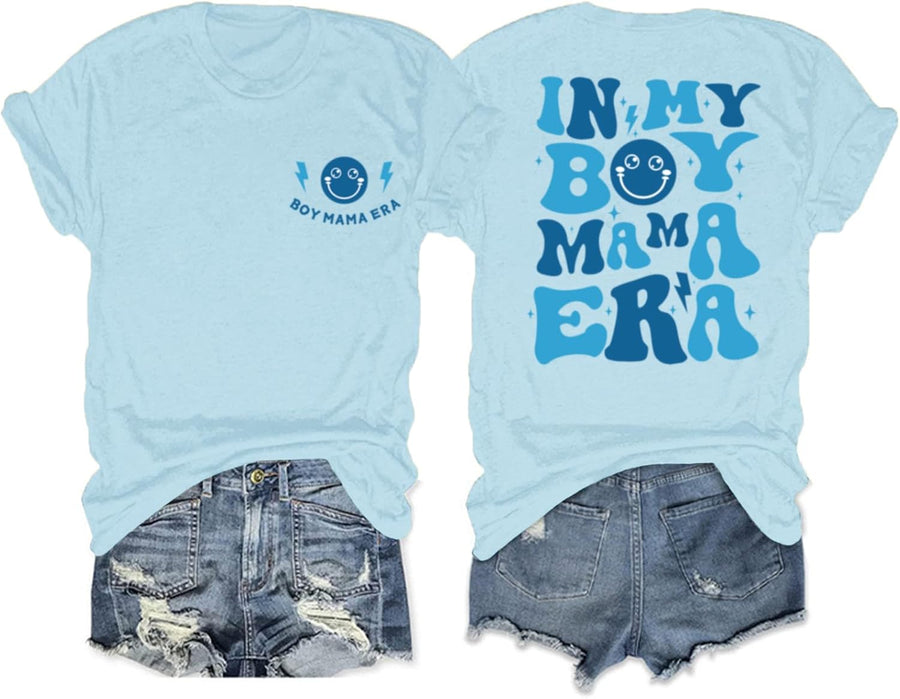 in My Boy Mom Era Shirt Mama Graphic Tees for Women Mother's Day Tshirt Gift Casual Funny Cute Letter Print Tops - Light Blue