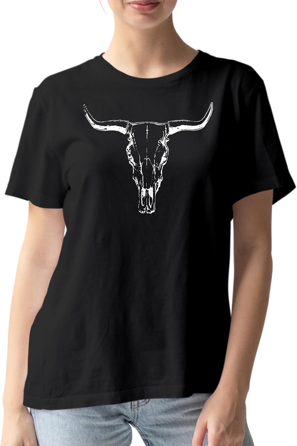 Casual Graphic Tee for Men & Women, Crew Neck - Short Sleeve - Summer Streetwear Merch - Cow Skull - Black