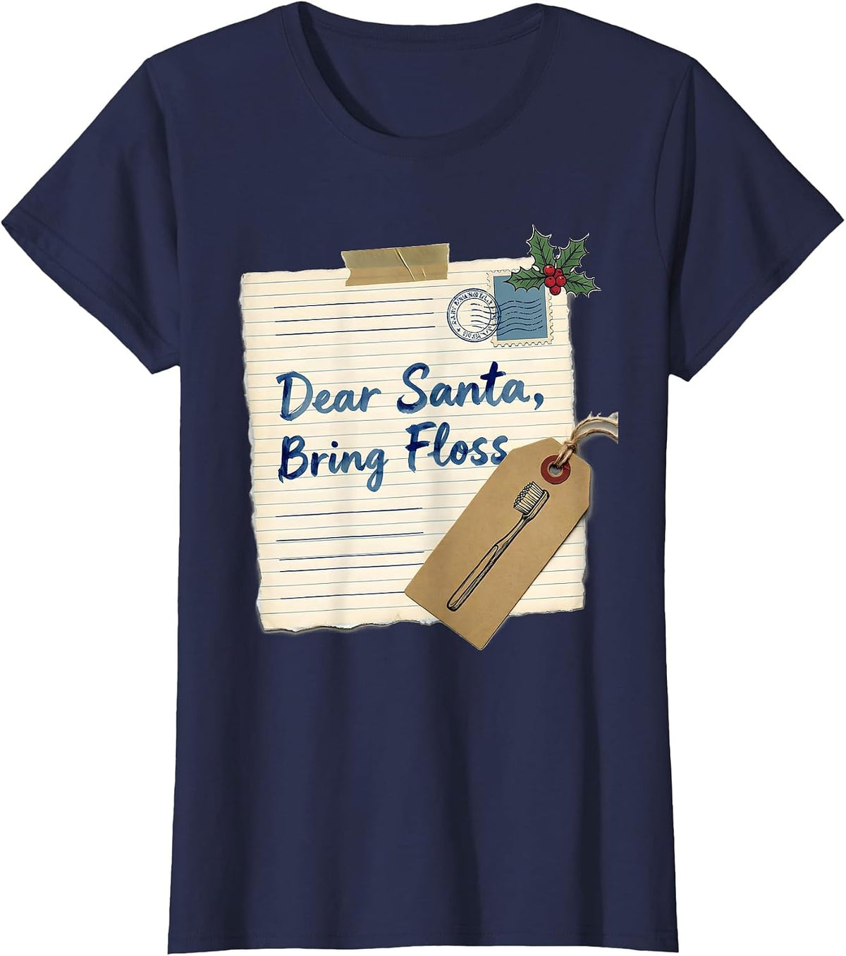 Women's Dear Santa Bring Floss Funny Dental Christmas Dentist T-Shirt - Navy Blue
