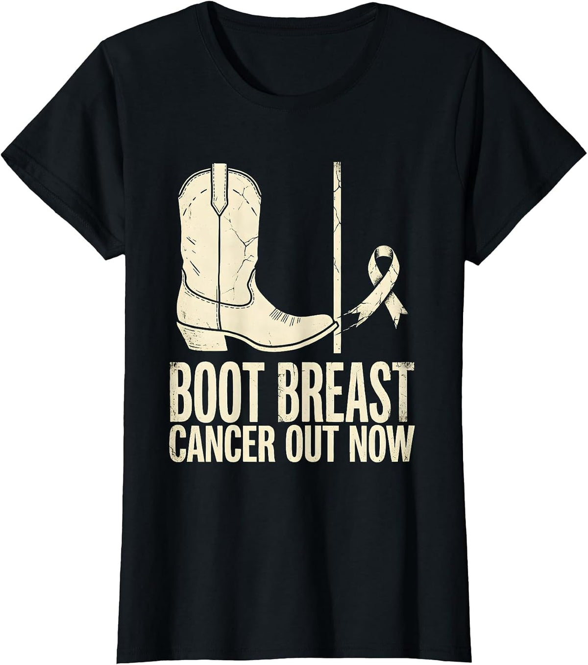 Women's Boot Breast Cancer Out Now Boho Western Cowgirl Awareness T-Shirt - Black