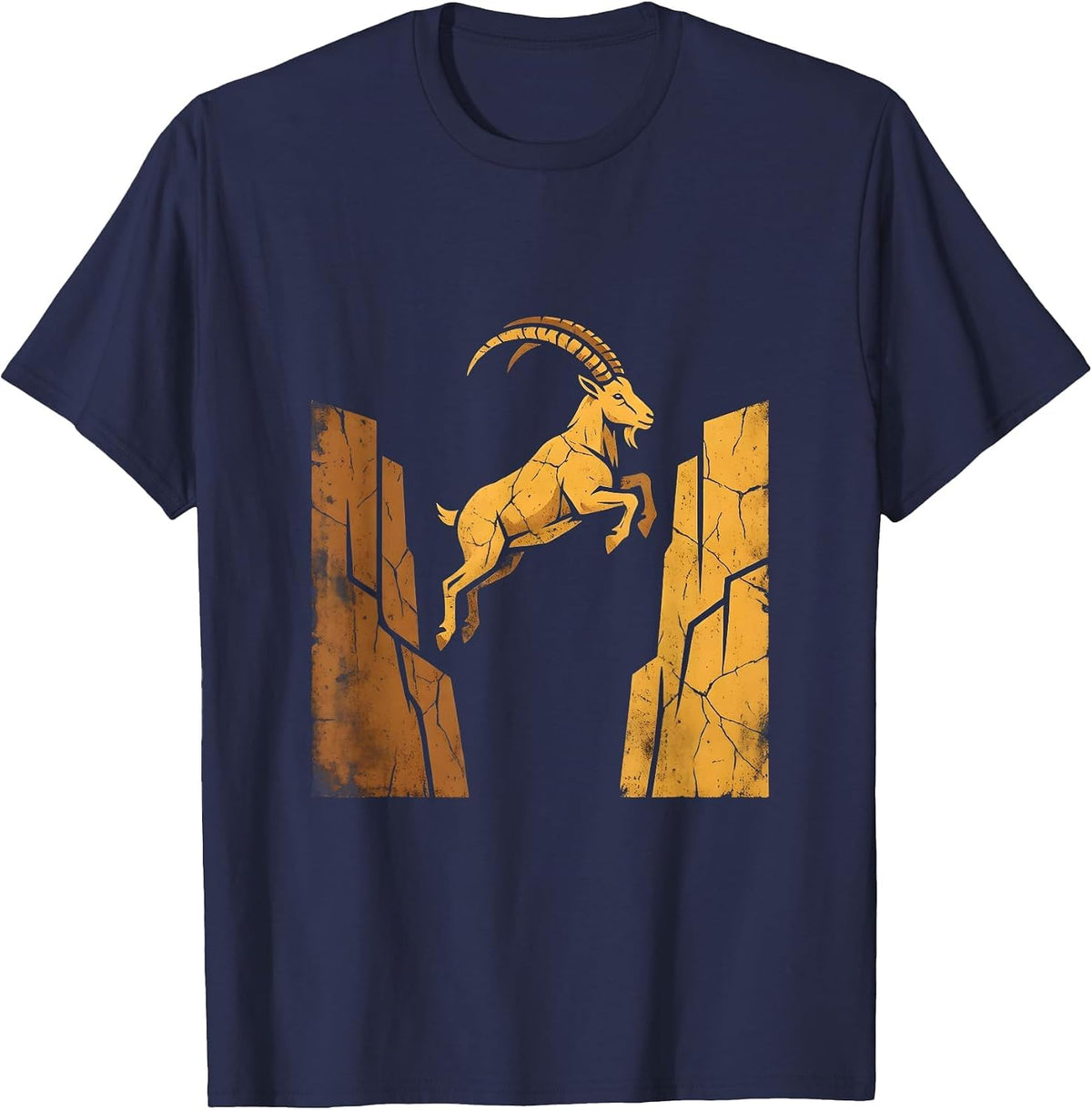 Men's Mountain Goat Leaping Cliff Faces Wildlife Design T-Shirt - Navy Blue
