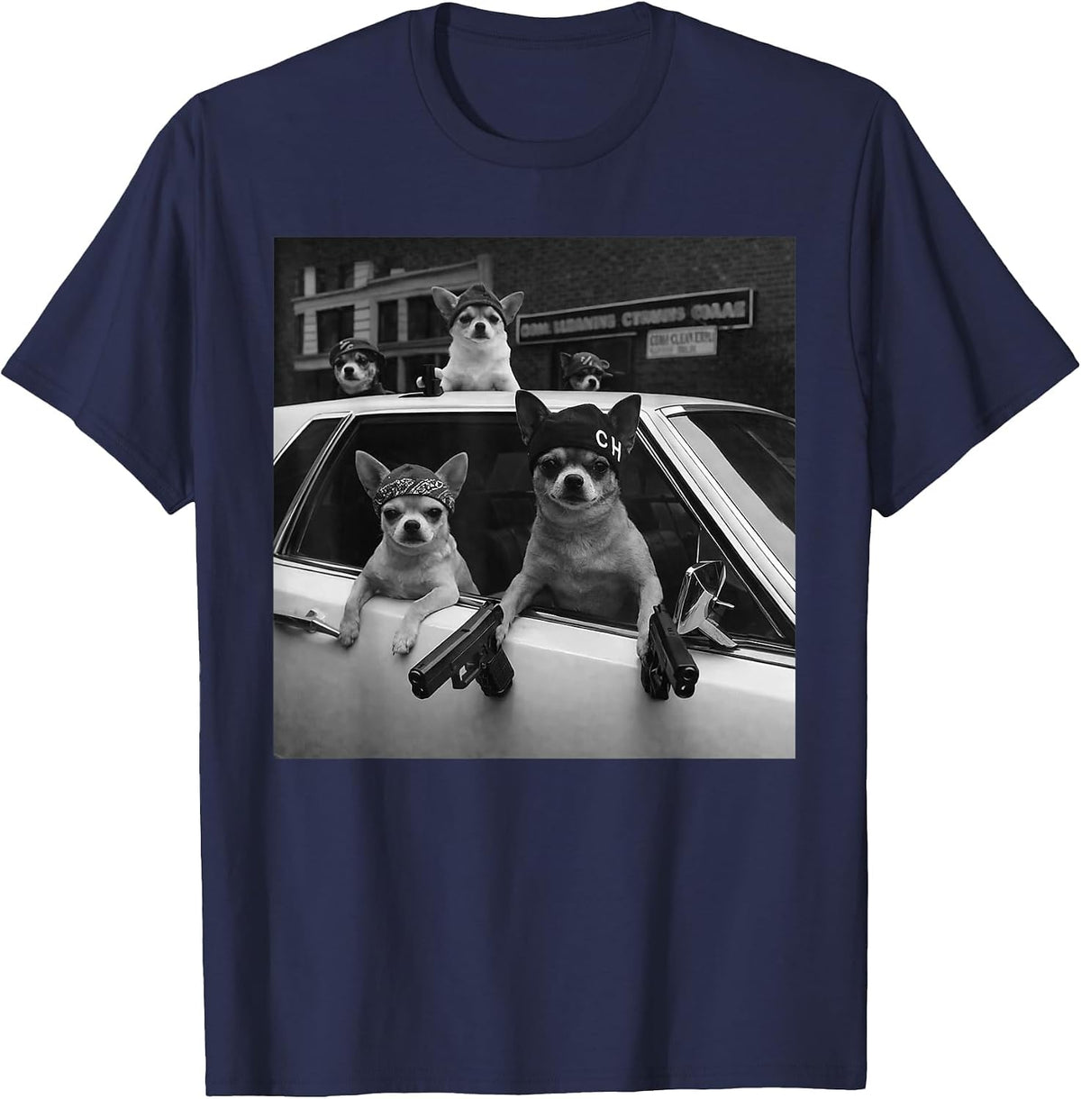 Funny Chihuahua Meme Chihuahua Gangster Dog Street Design T-Shirt - Navy Blue