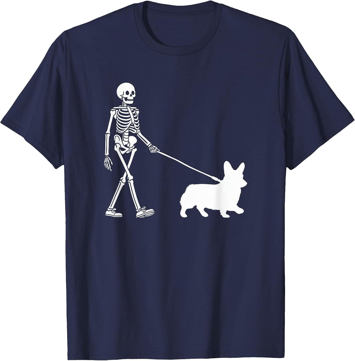 Skeleton Walking a Dog Corgi Lover Halloween Outfit T-Shirt - Navy Blue