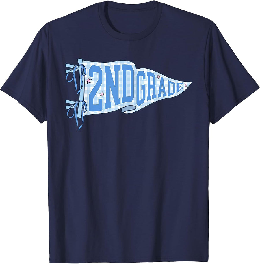 Blue Gingham Pennant Flag First Day of 2nd Grade for Teacher T-Shirt - Navy Blue