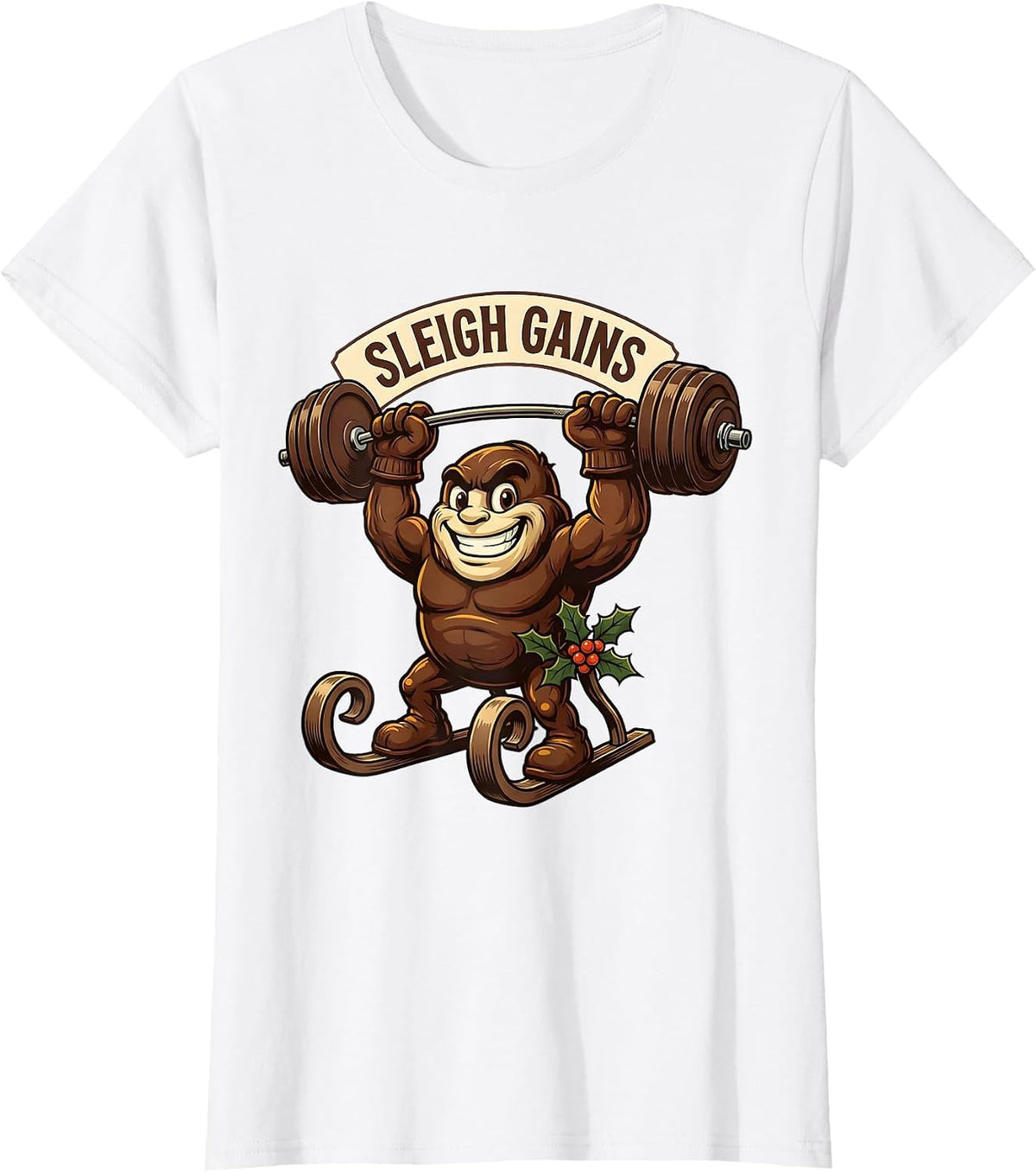 Sleigh Gains Retro Advertising Mascot Funny Christmas Gym T-Shirt - White