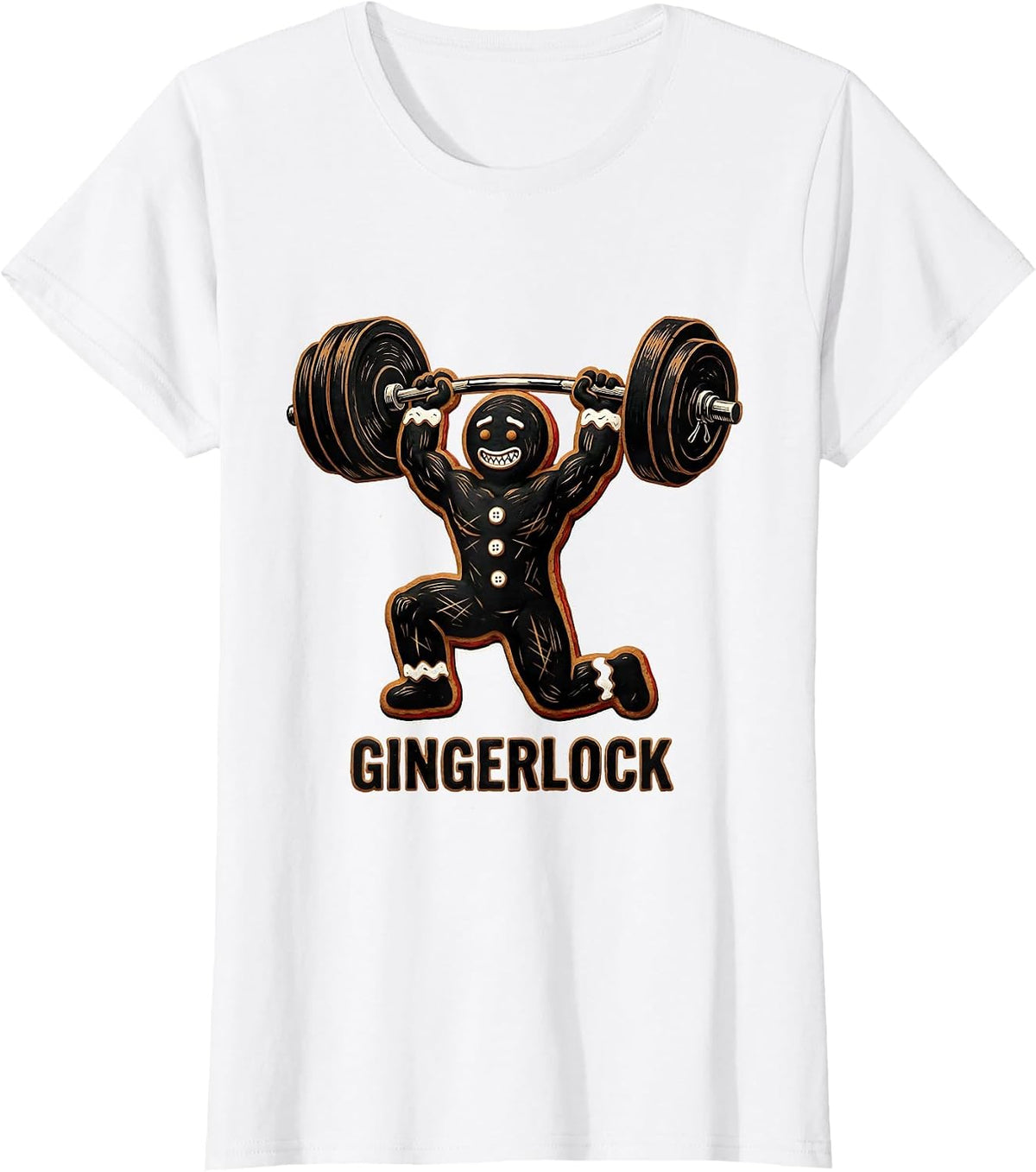 Gingerlock Linocut Gingerbread Man Gym Weightlifting T-Shirt - White