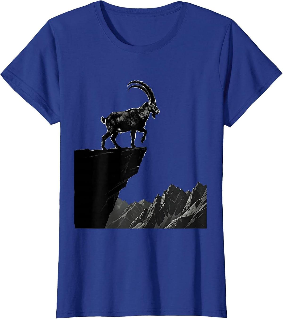 Women's Mountain Goat Cliff Edge Wildlife Illustration T-Shirt - Royal Blue