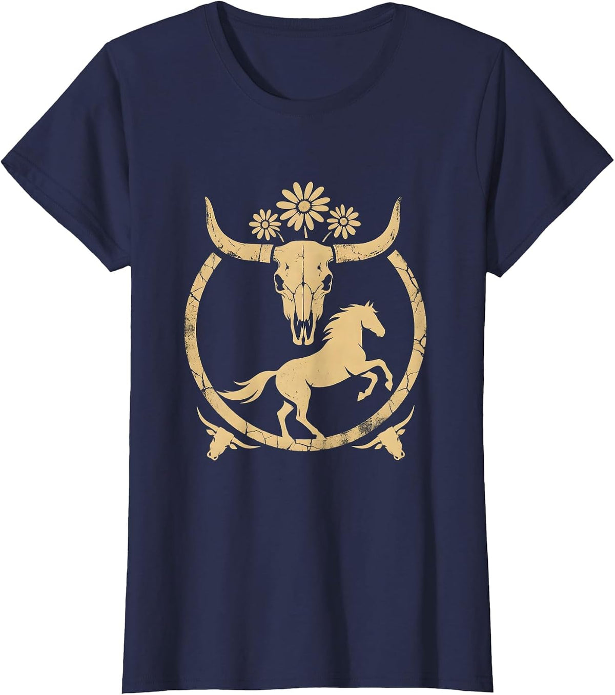 Women's Cowgirl Horseback Cattle Herding Dusk Rodeo T-Shirt - Navy Blue