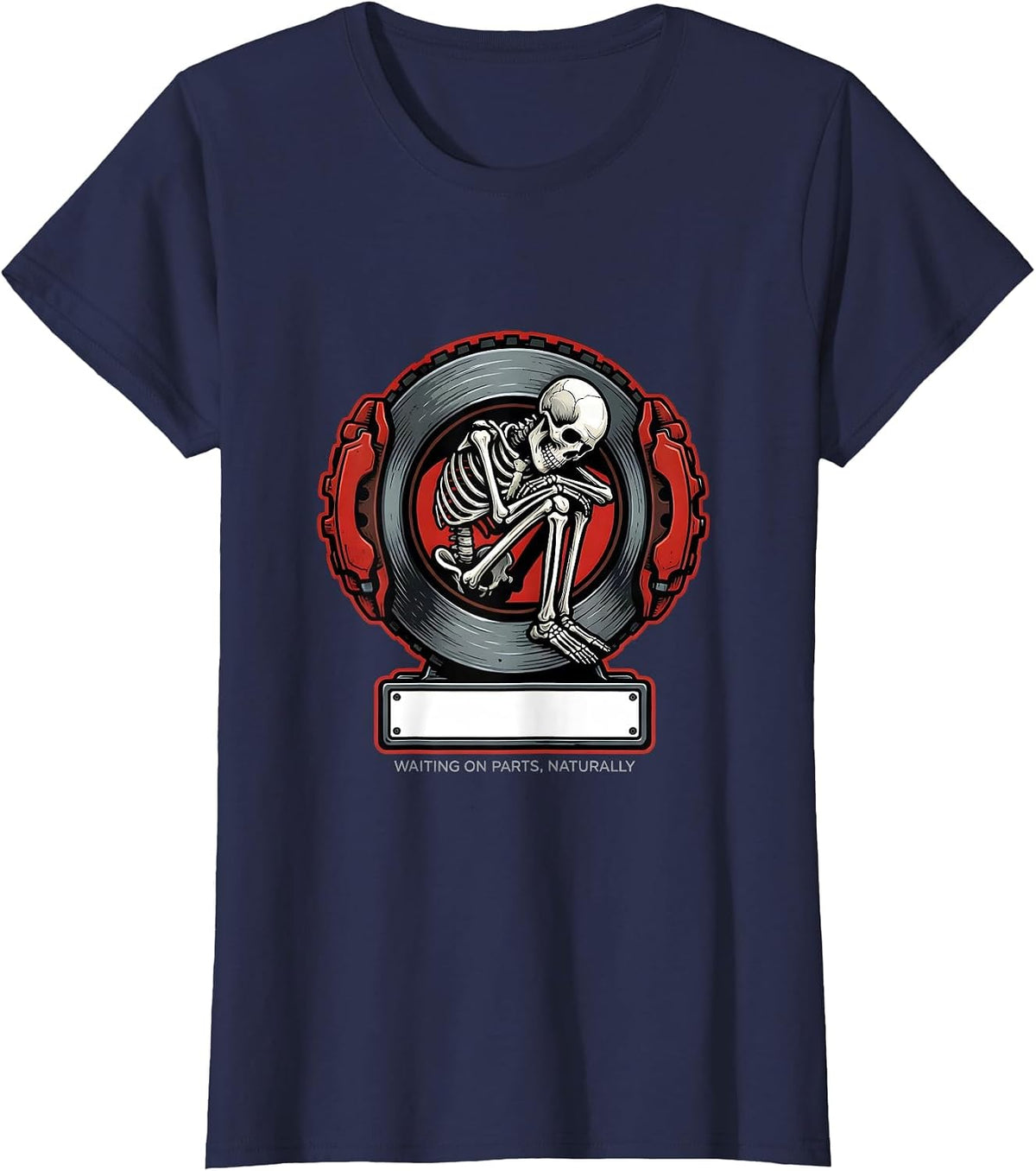Women's Waiting On Parts Naturally Funny Mechanic Skeleton Auto T-Shirt - Navy Blue