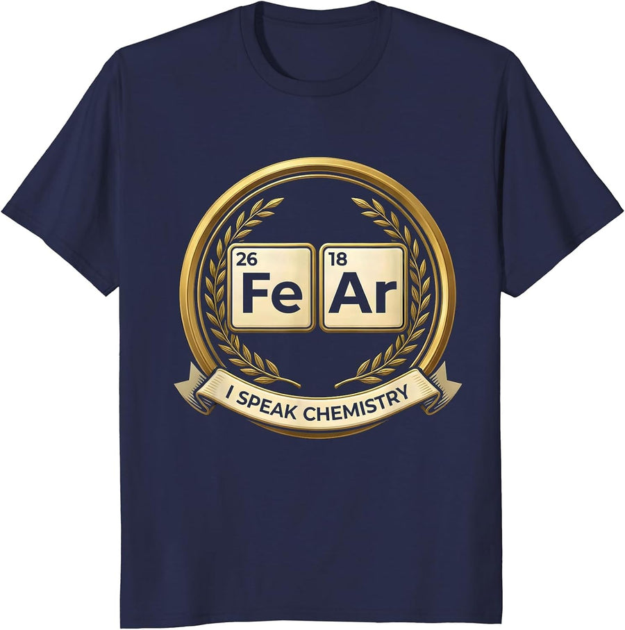 FeAr Bold Emblem Periodic Table Chemistry Pun Science Humor T-Shirt - Navy Blue