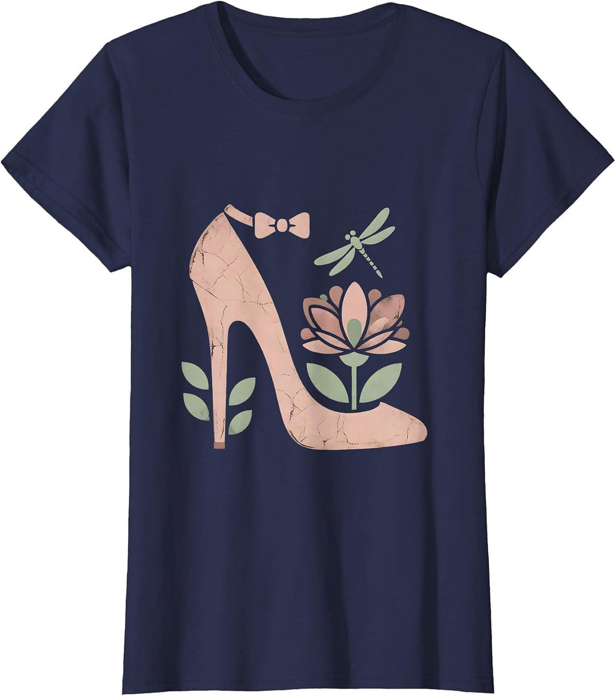 Women's High Heel Shoe Flower Garden Mimi Graphic T-Shirt - Navy Blue