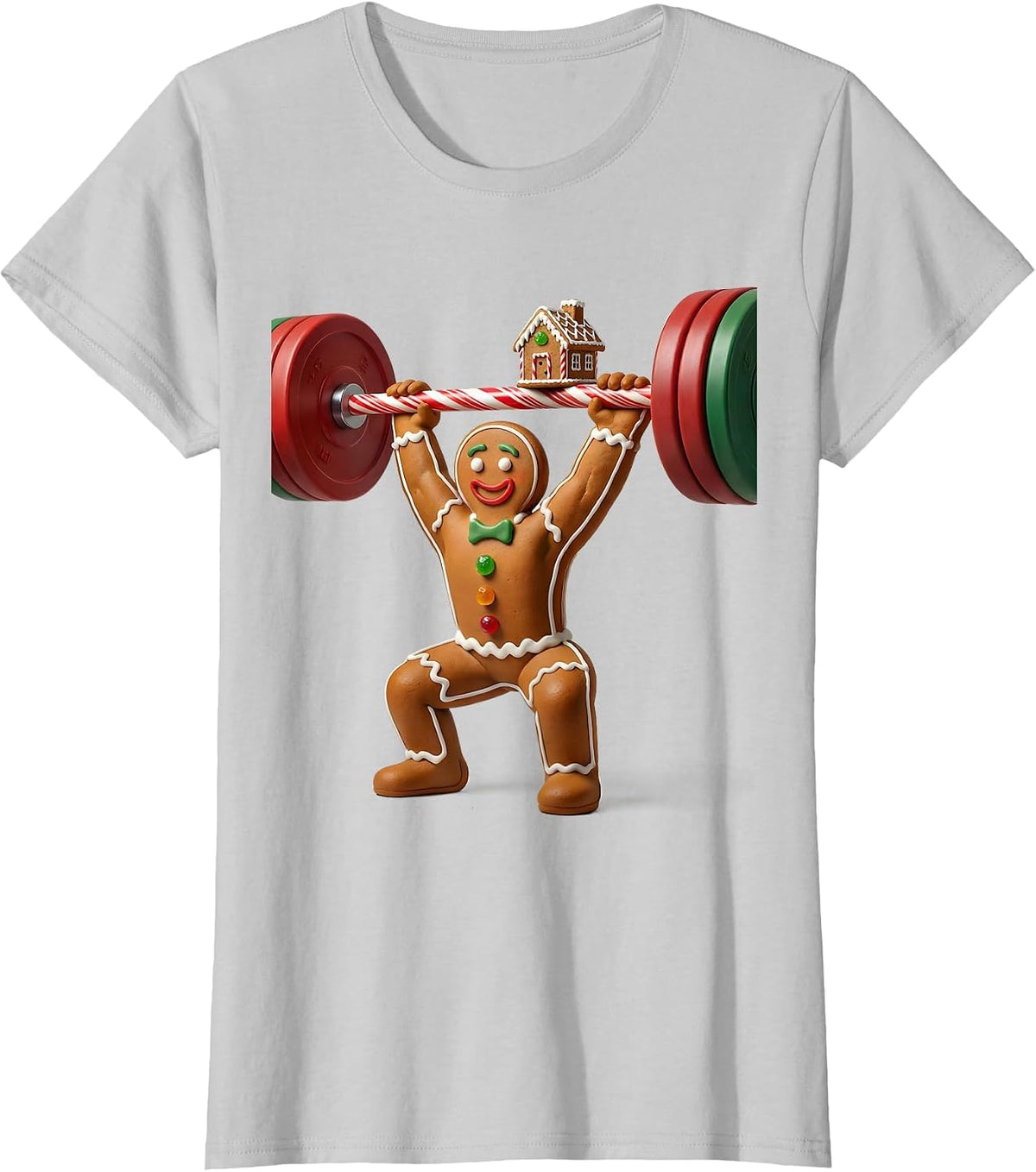 Women's Gingerbread Lifter Cartoon Funny Christmas Gym Weightlifting T-Shirt - Silver Grey
