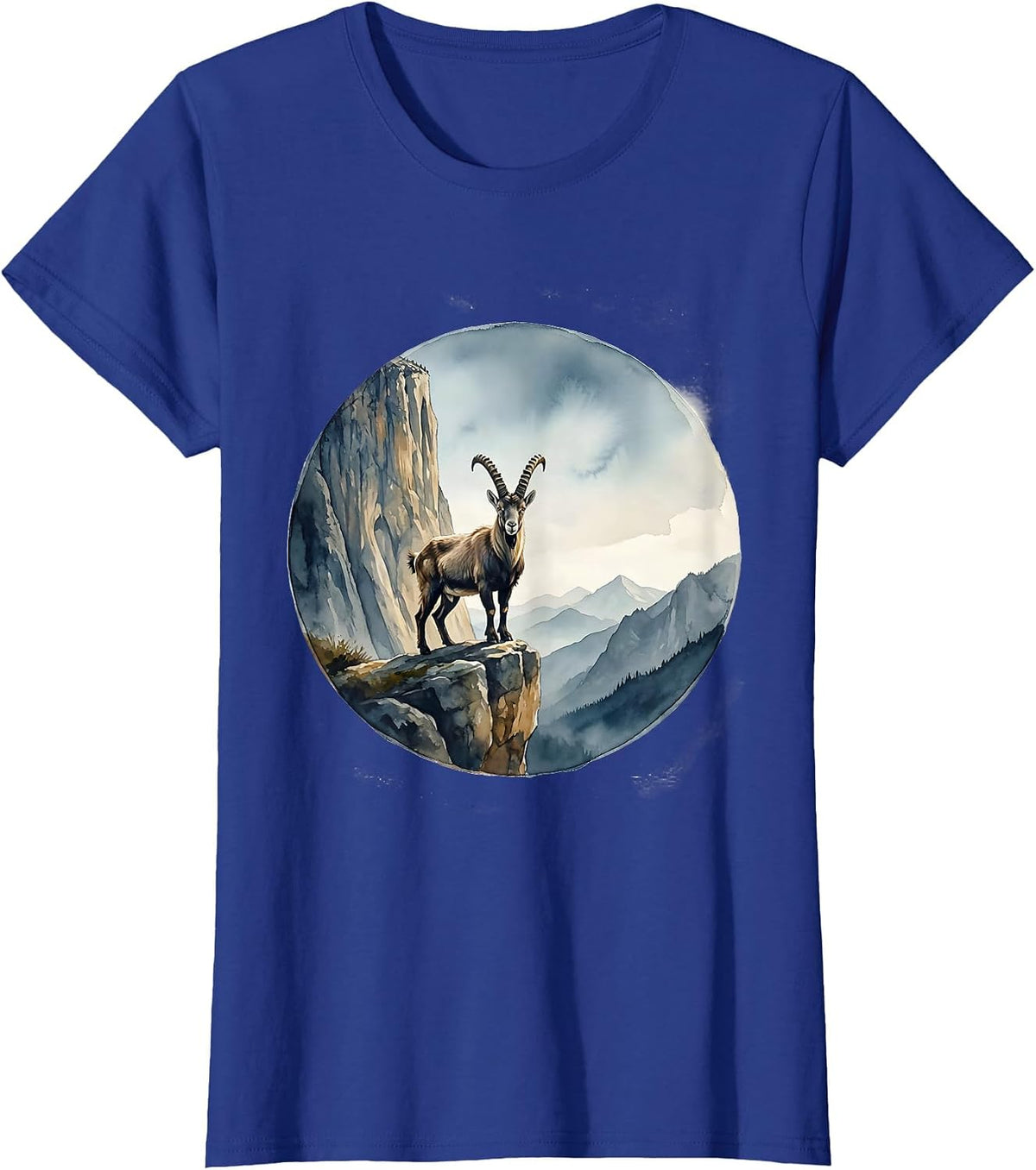 Women's Be Still Mountain Goat Cliff Ledge Illustration T-Shirt - Royal Blue