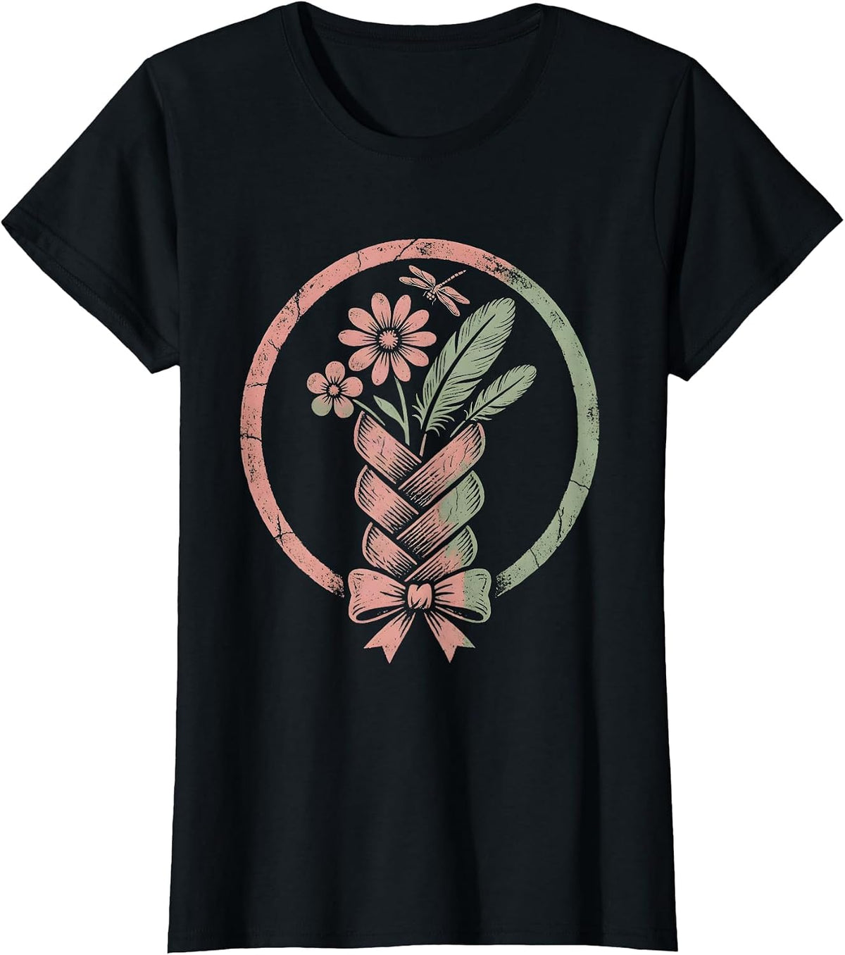 Women's Wildflower Braid Western Boho Hair Art T-Shirt - Black