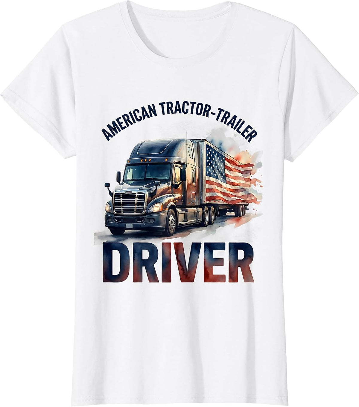 American Tractor-Trailer Driver Watercolor Patriotic Trucker T-Shirt - White