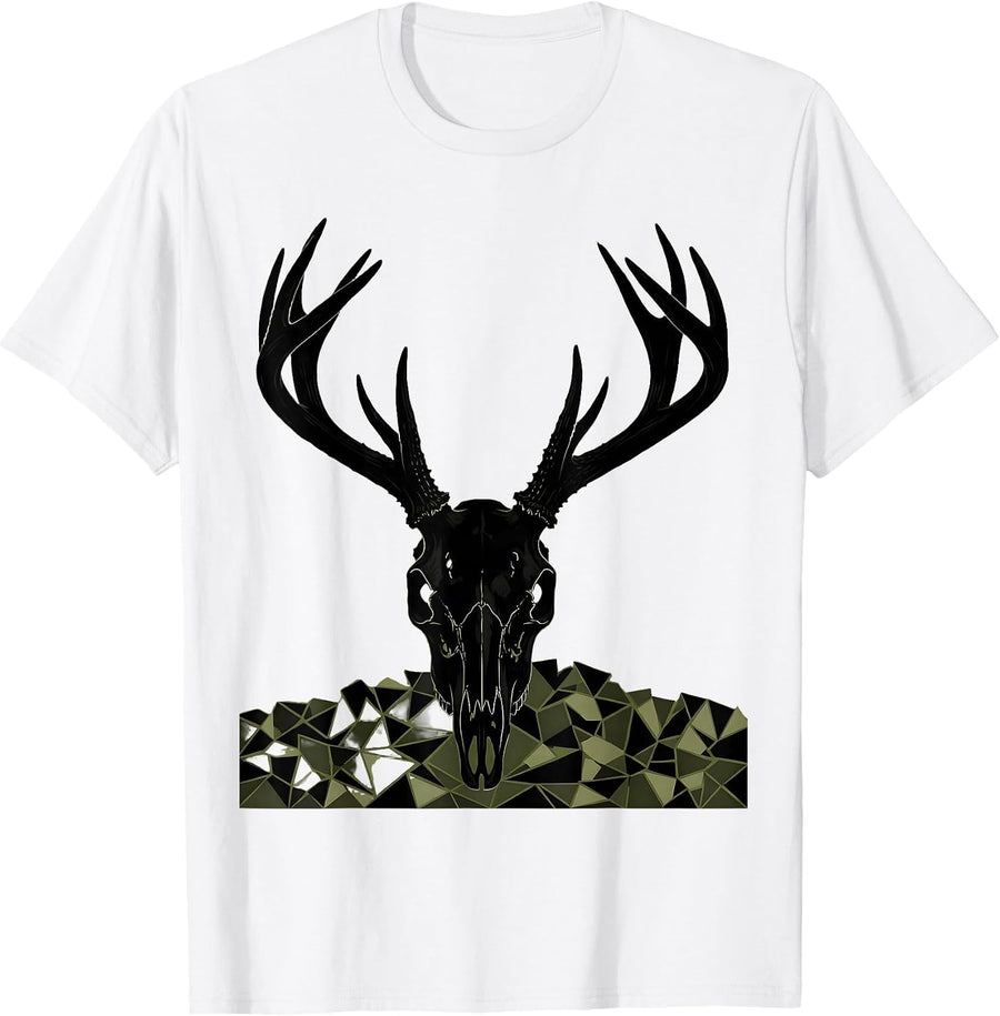 Men's Deer Skull Antlers Camo Field Hunting Graphic T-Shirt - White