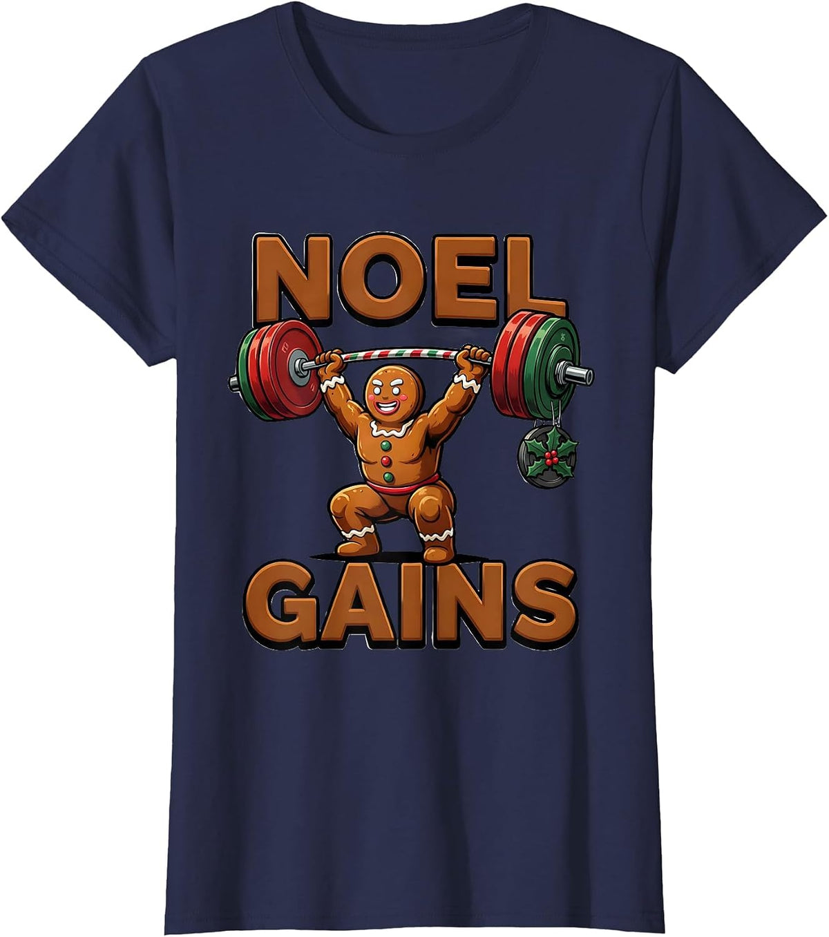 Women's Noel Gains Funny Gingerbread Man Gym Weightlifting Christmas T-Shirt - Navy Blue