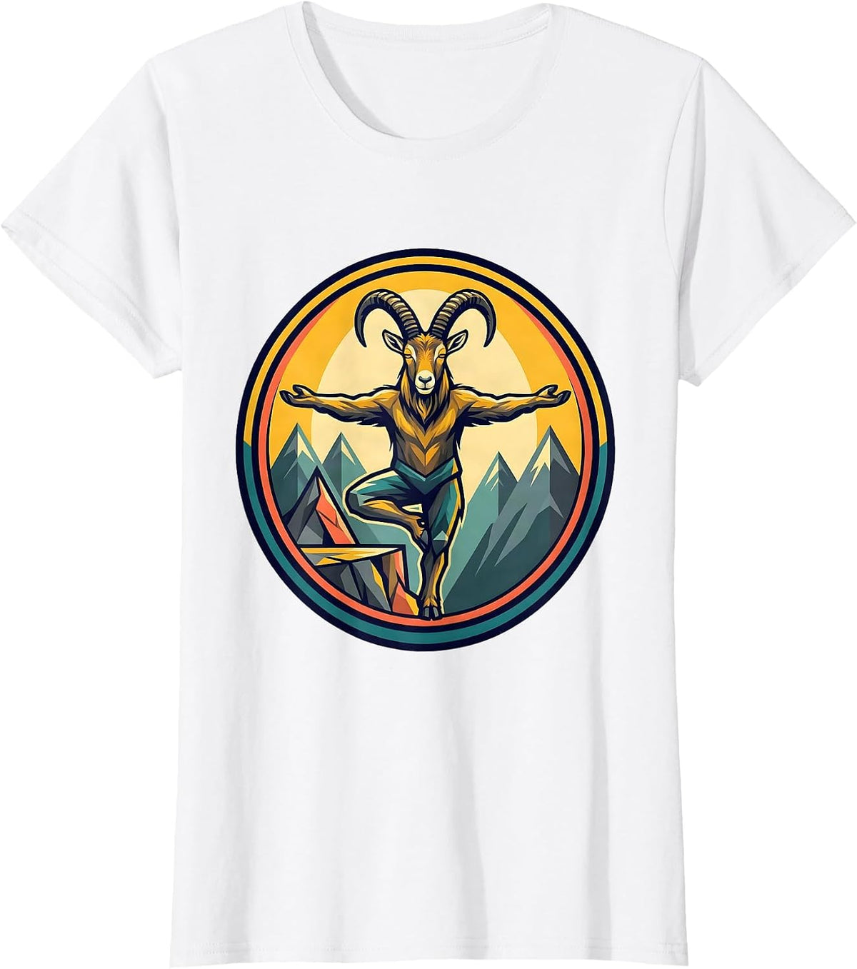 Women's Funny Mountain Goat Yoga on Cliff Edge Graphic T-Shirt - White