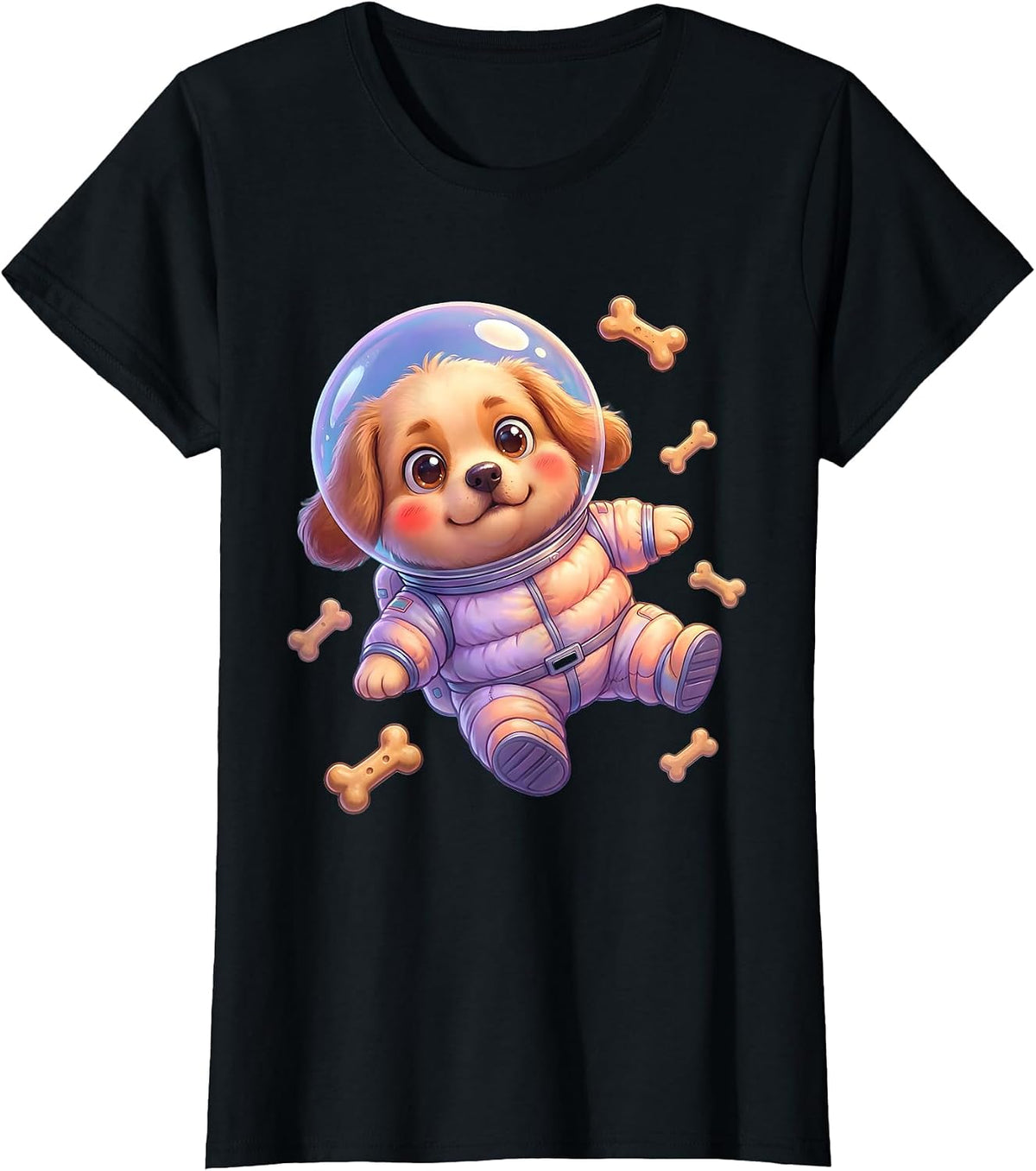 Crazy Dog Astronaut Floating in Space with Bones T-Shirt - Black