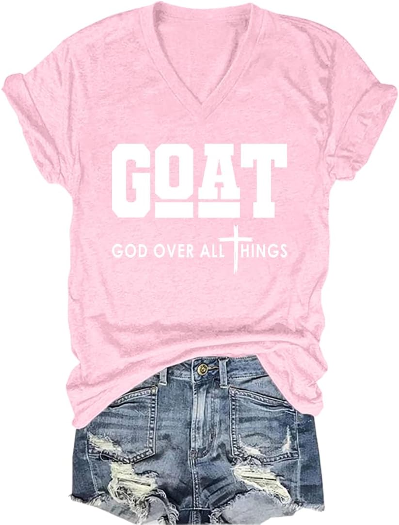 Goat God Over All Things V-Neck T-Shirt Goat Shirt God Shirts for Men Women - Pink-v