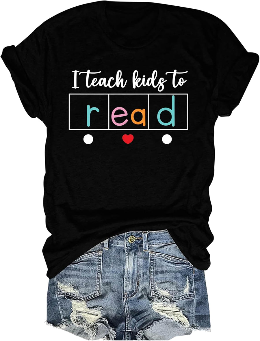 Teacher Shirts Women I Teach Kids to Read Graphic Tshirts Reading Book Short Sleeve T-Shirts Tees - Black
