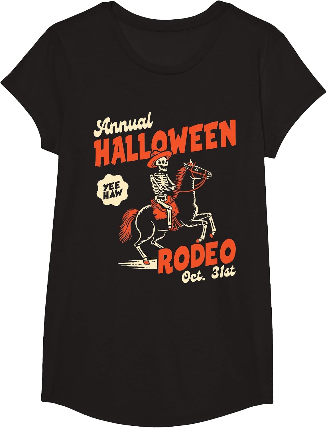 Halloween Rodeo Horse Western Cowboy Fall Autumn Skeleton T-Shirt - Girls Black