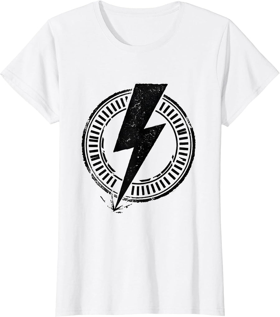 Women's Bold Lightning Bolt Graphic Stamp Seal Minimalist T-Shirt - White