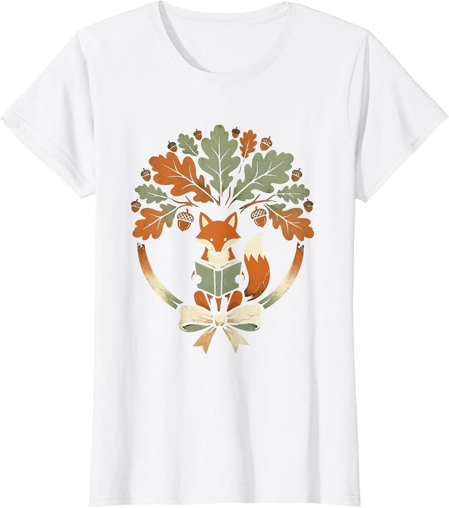 Women's Fall Teacher Fox Reading Book Under Oak Tree T-Shirt - White