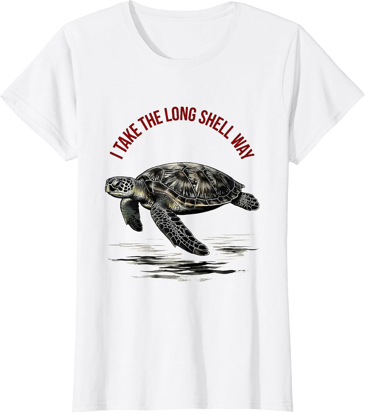 Women's I Take The Long Shell Way Ink Brush Sea Turtle Ocean Animal T-Shirt - White