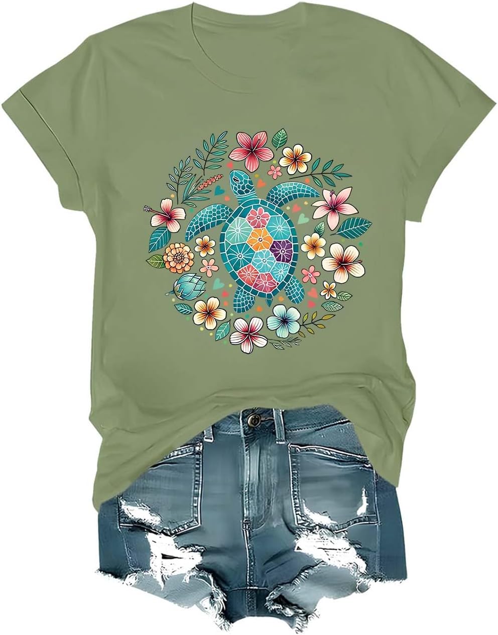 Sea Turtle T-Shirt, Funny Sea Turtle Graphic Beach V Neck Short Sleeve Tees - Crewneck Green