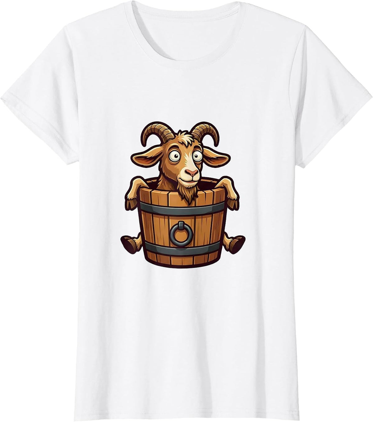 Women's Derpy Goat Stuck in a Bucket Funny Illustration T-Shirt - White