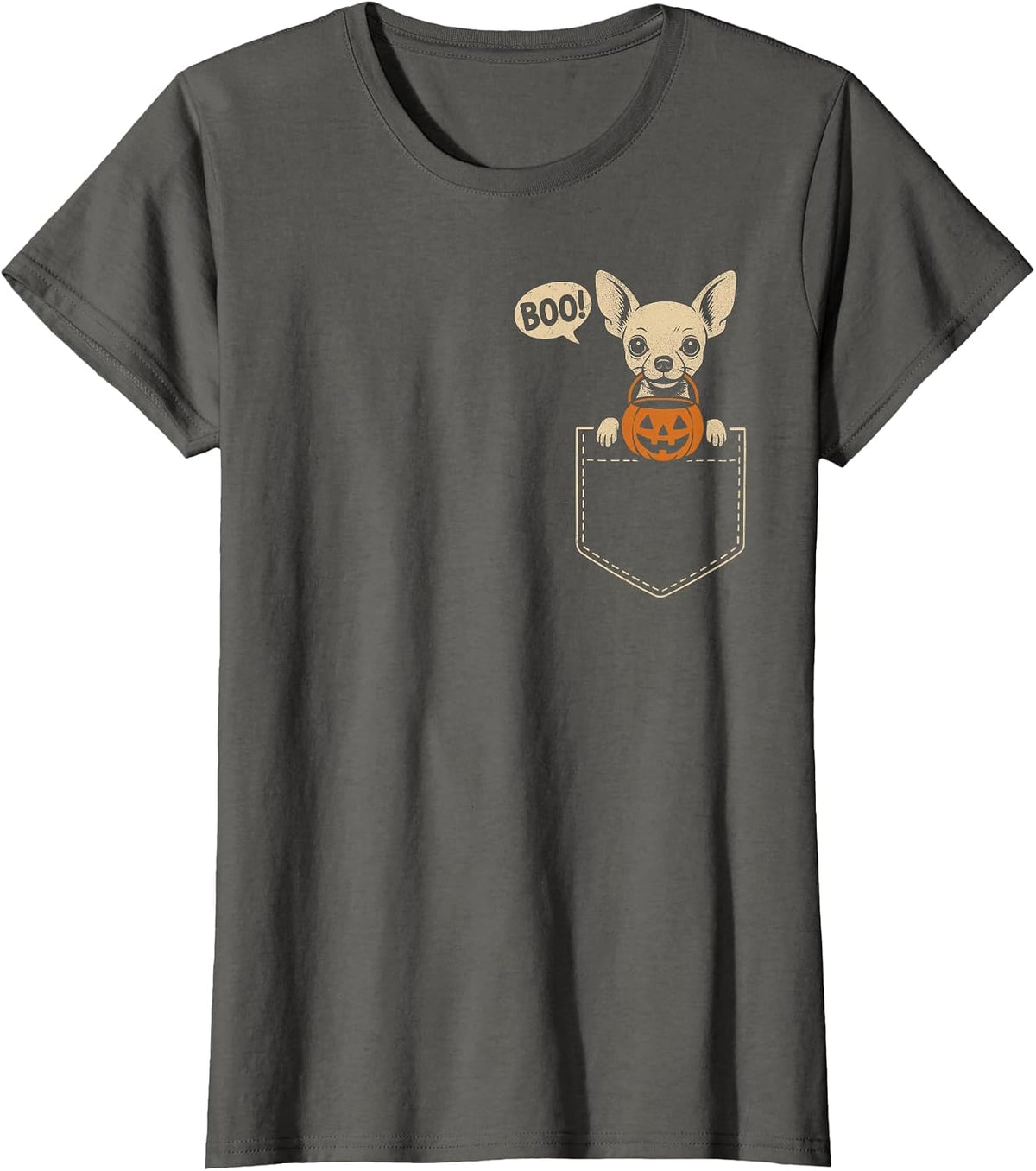 Funny Chihuahua Halloween Chihuahua Dog Cute Pocket Boo T-Shirt - Asphalt Grey