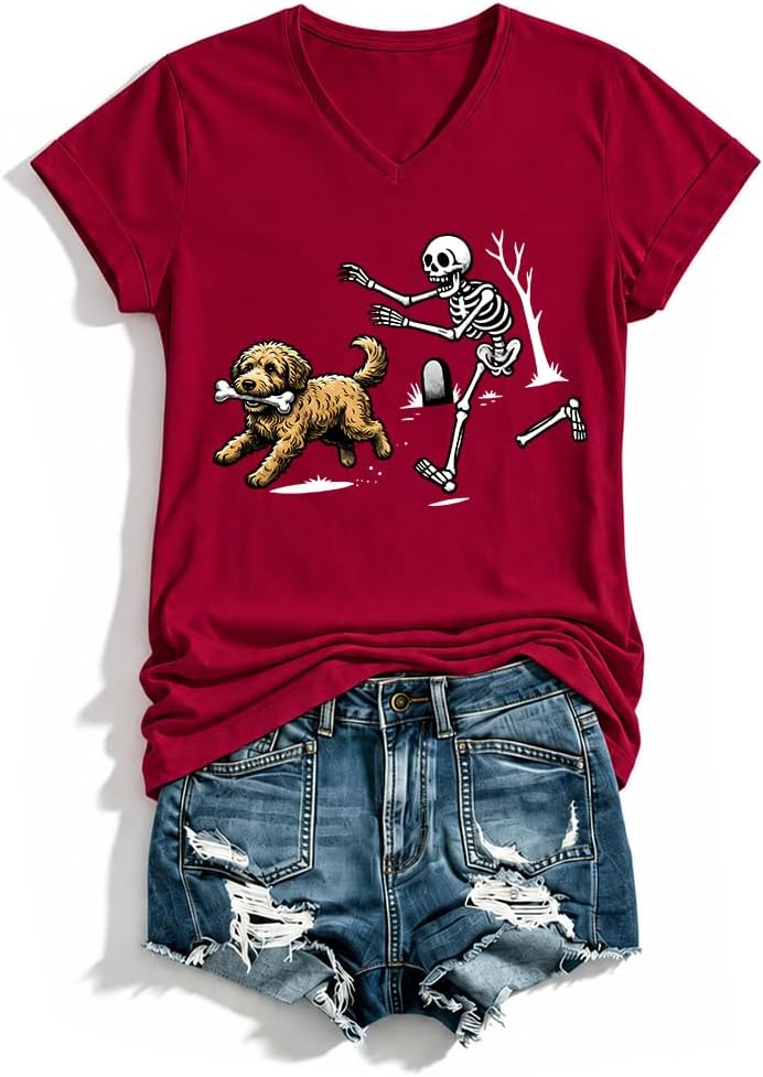Skeleton Chasing Dog Shirt Goldendoodle Stealing Bone T-Shirt - As Pictured