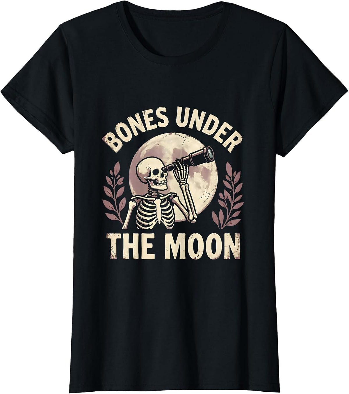 Women's Bones Under the Moon Halloween Skeleton Design T-Shirt - Black
