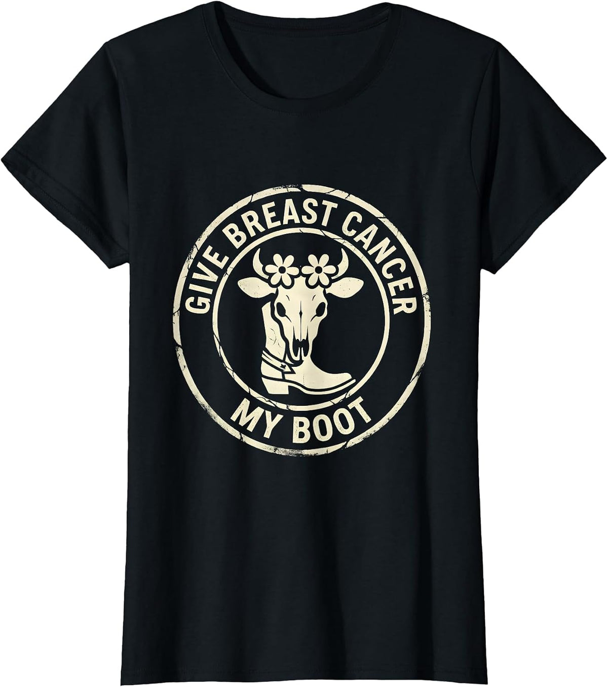 Women's Give Breast Cancer My Boot Boho Western Cowgirl Awareness T-Shirt - Black