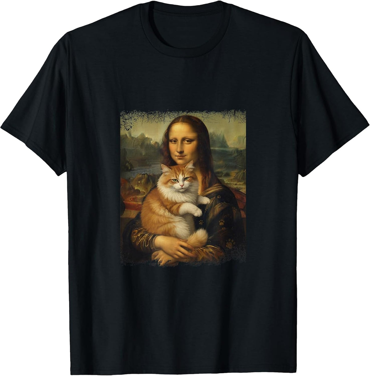 Cat Art Funny Mona Lisa Parody Classical Painting Mashup T-Shirt, Men, Black, Small - As Pictured