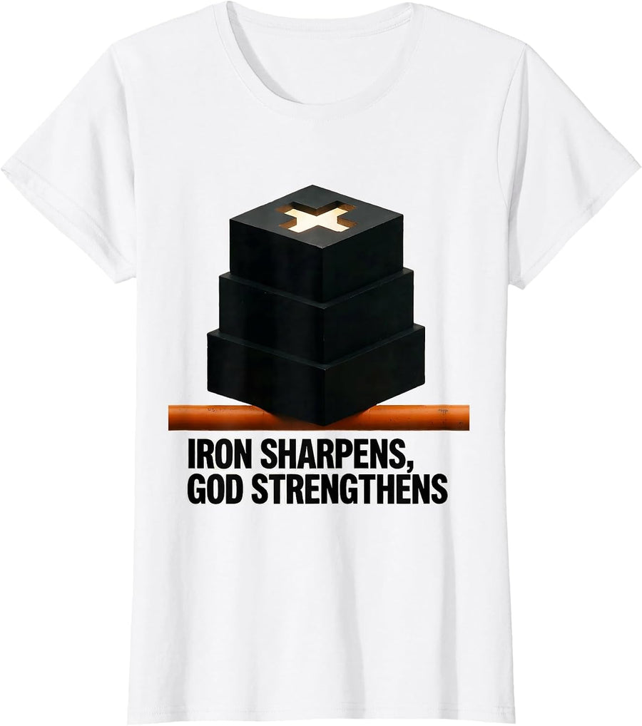 Women's Iron Sharpens God Strengthens Brutalist Christian Gym T-Shirt - White
