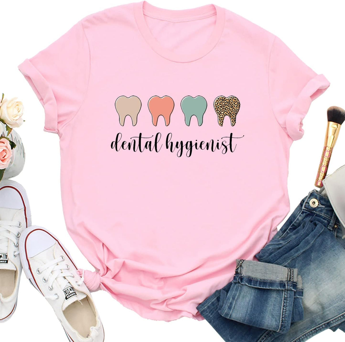 Dental Hygienist Shirts for Women Round Neck T-Shirt Casual Short Sleeves Tee Summer for Dentist - Pink
