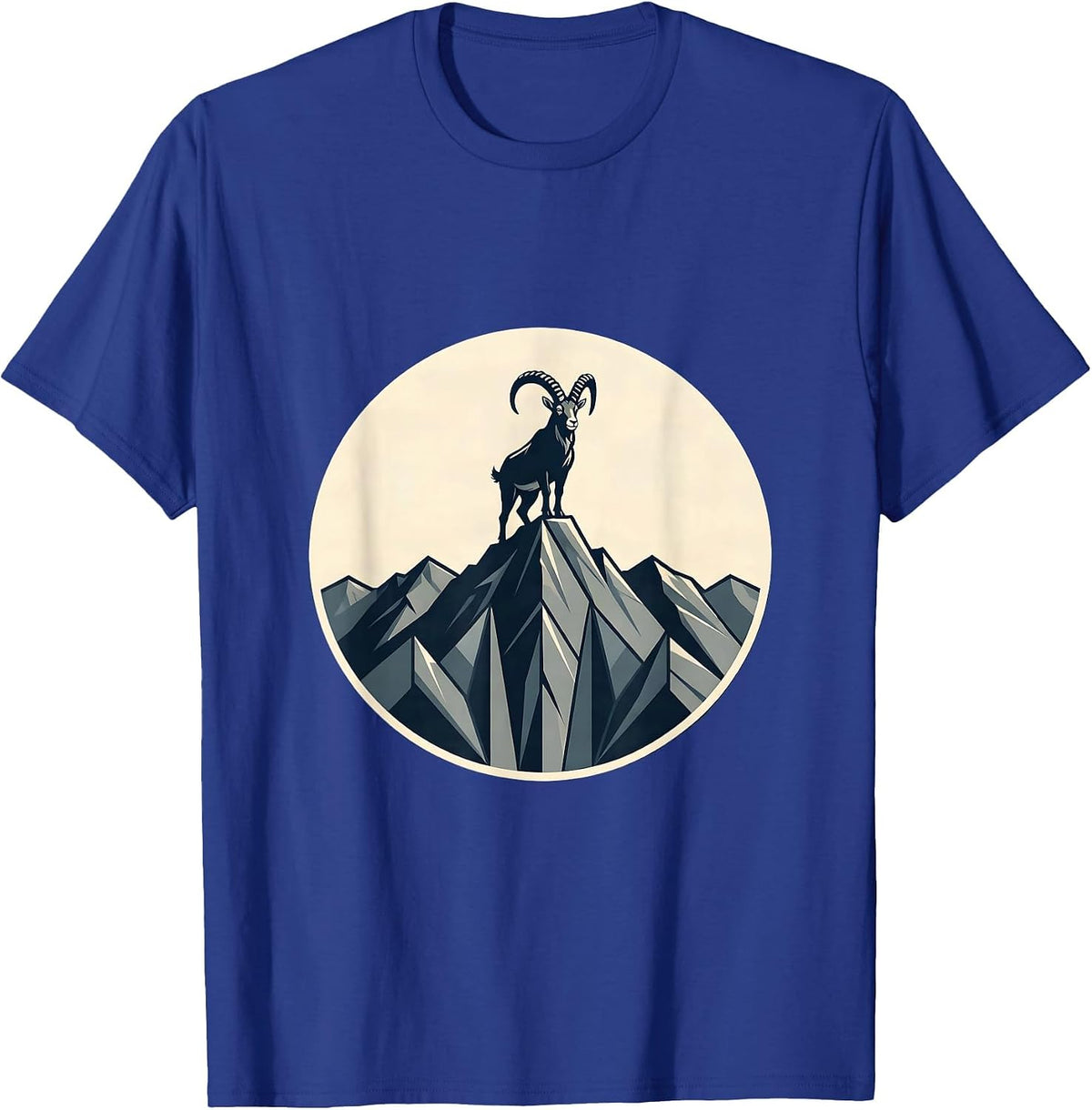 Mountain Goat Triumphant on Cliff Peak Graphic T-Shirt - Royal Blue