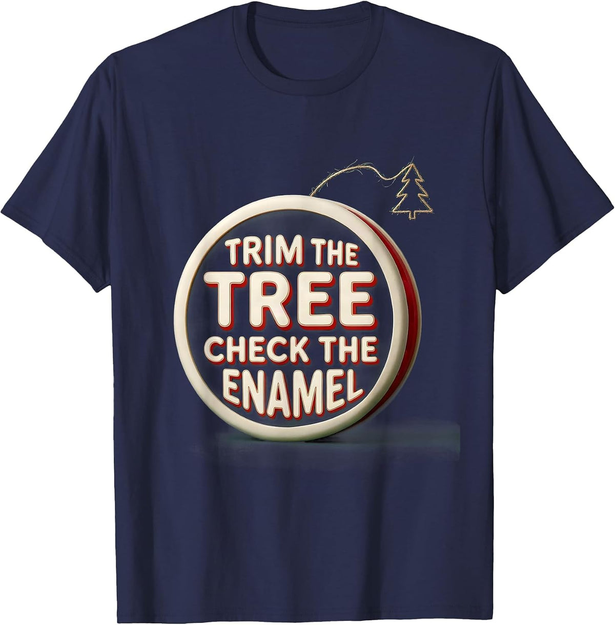 Trim The Tree Check The Enamel Funny Dentist Christmas T-Shirt - Navy Blue
