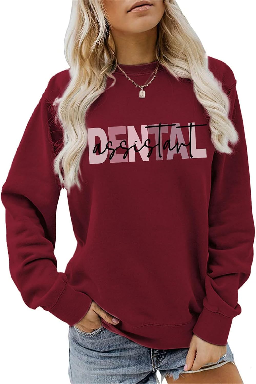 Dental Assistant Sweatshirt Dental Hygienist Sweater Dentist Shirt Women Casual Long Sleeve Funny Graphic Pullovers - Wine