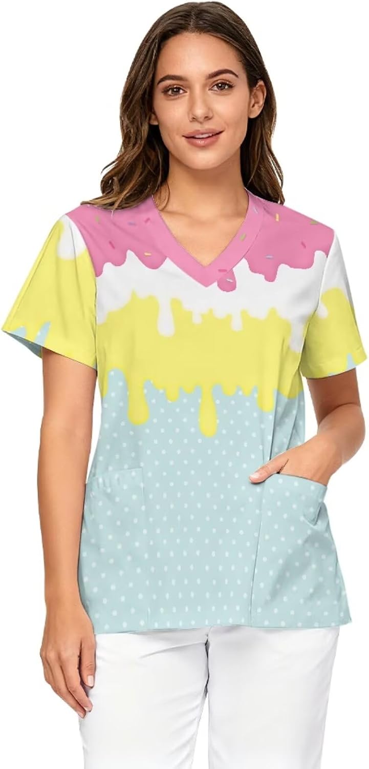 Scrubs for Women V Neck Cozy Scrub Tops Stretchy Short Sleeve Medical Nursing Uniforms Casual Nurse Shirt - Ice Cream Polka