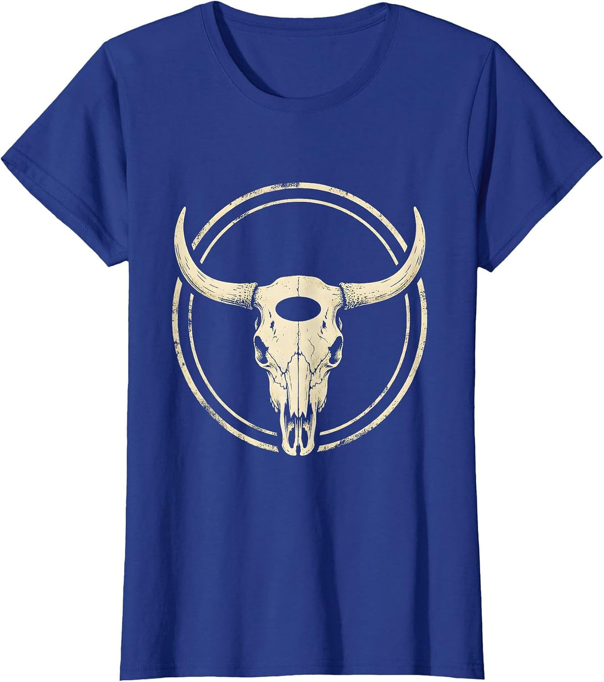 Women's Longhorn Skull Boho Western Mono Vintage Gift T-Shirt - Royal Blue